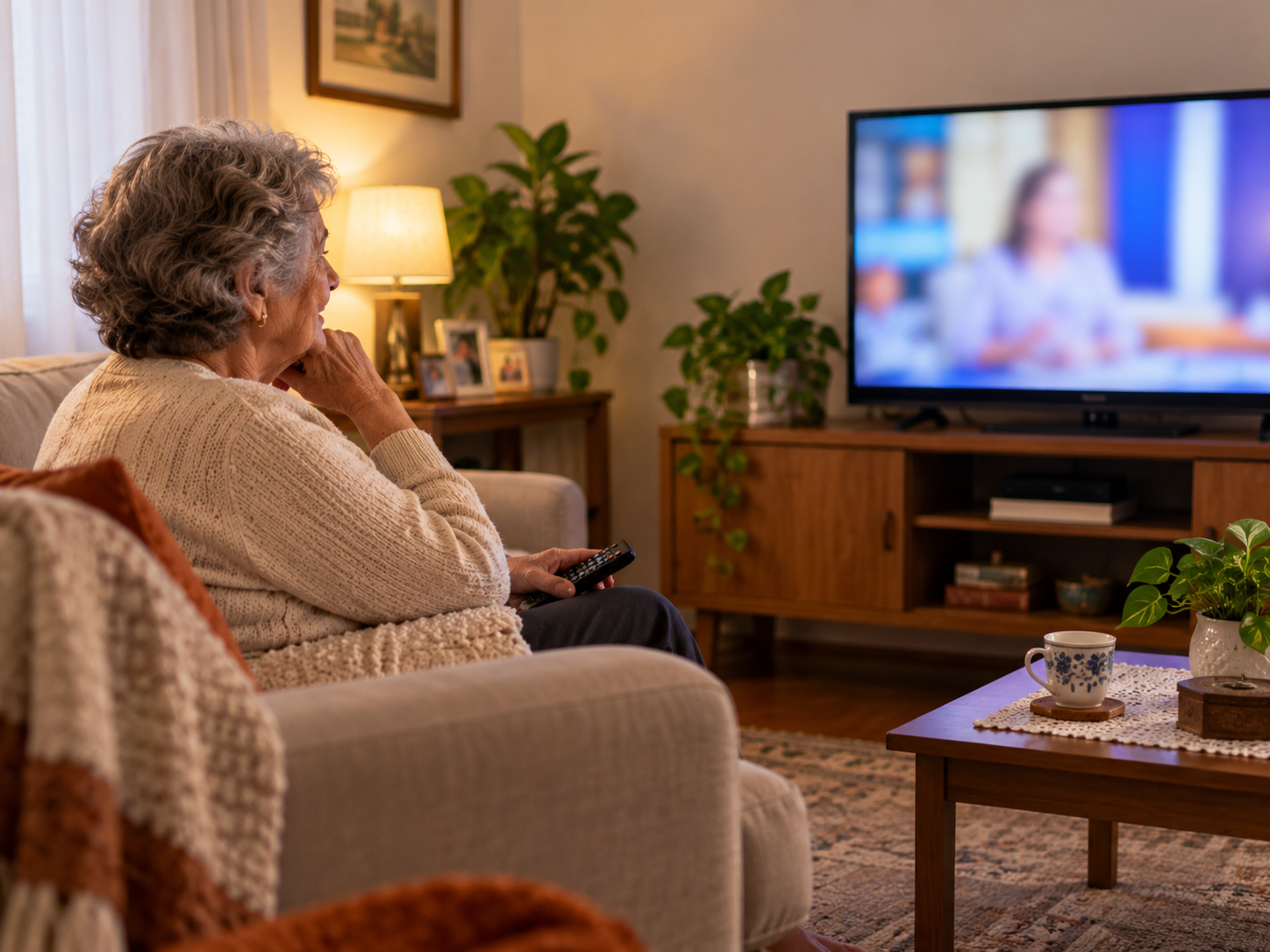 Pessoa idosa sentada assistindo televisão